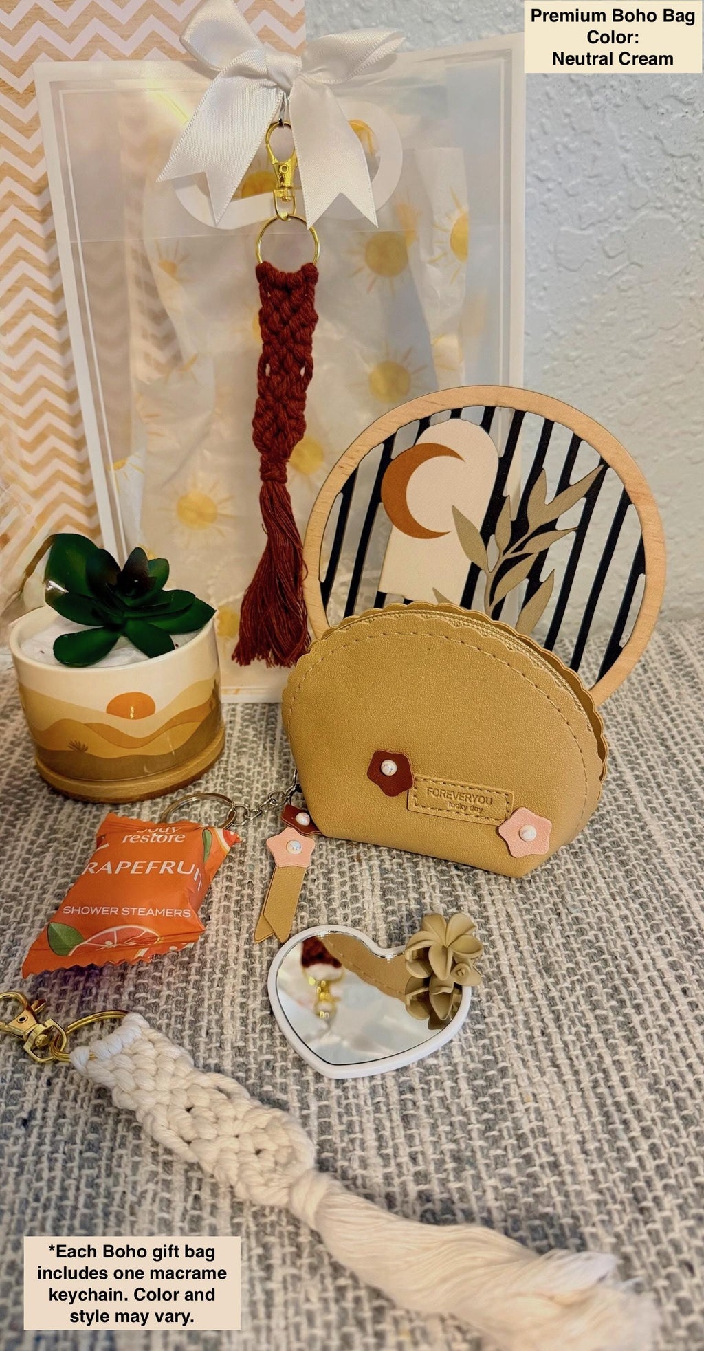 Boho Gift Bag with Macrame Keychain | Neutral Sage Green Style, Birthday Gift