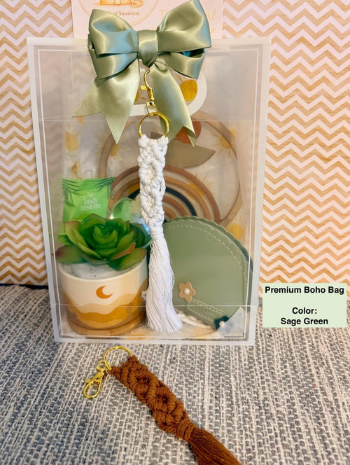 Boho Gift Bag with Macrame Keychain | Neutral Sage Green Style, Birthday Gift