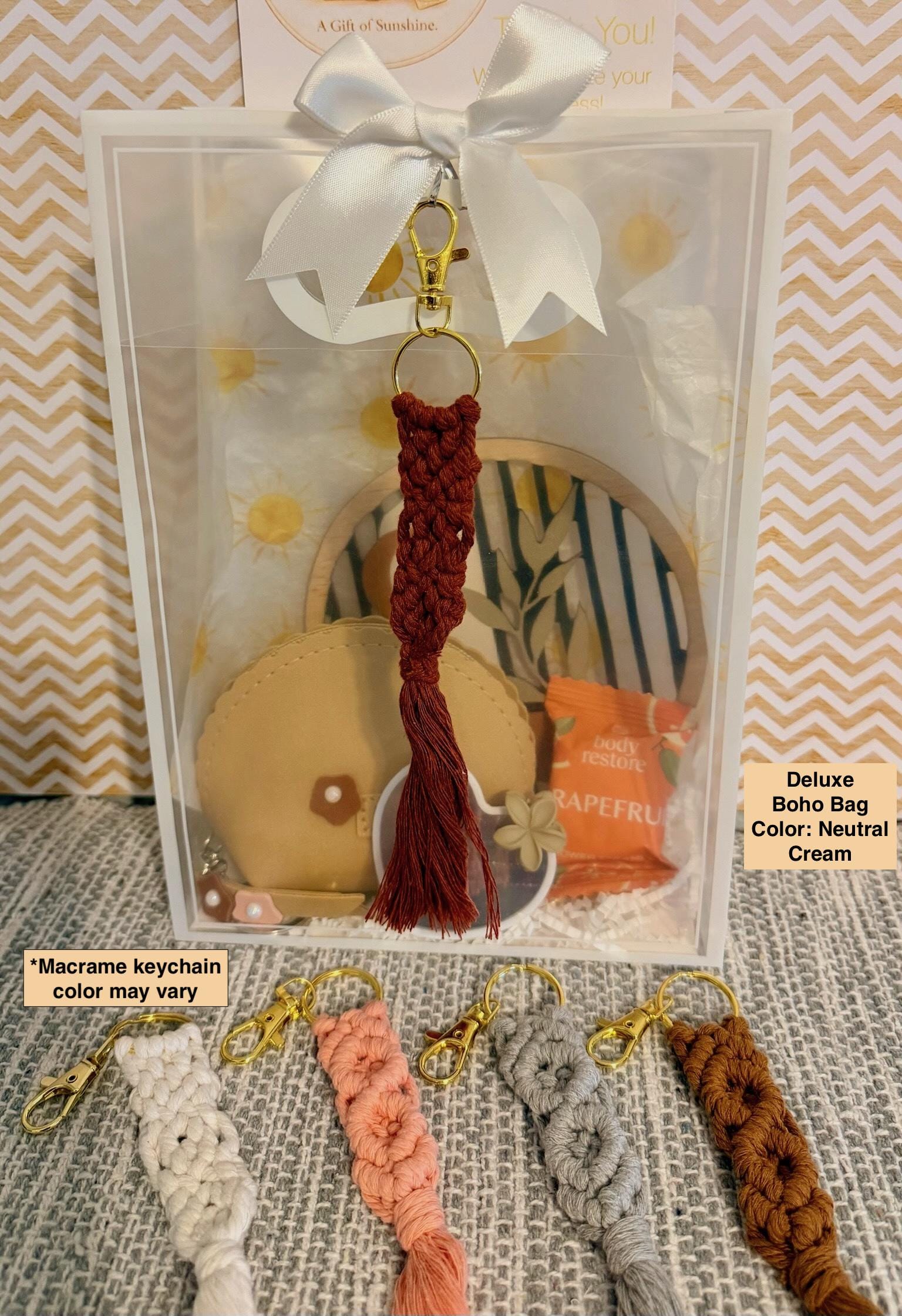 Boho Gift Bag with Macrame Keychain | Neutral Sage Green Style, Birthday Gift