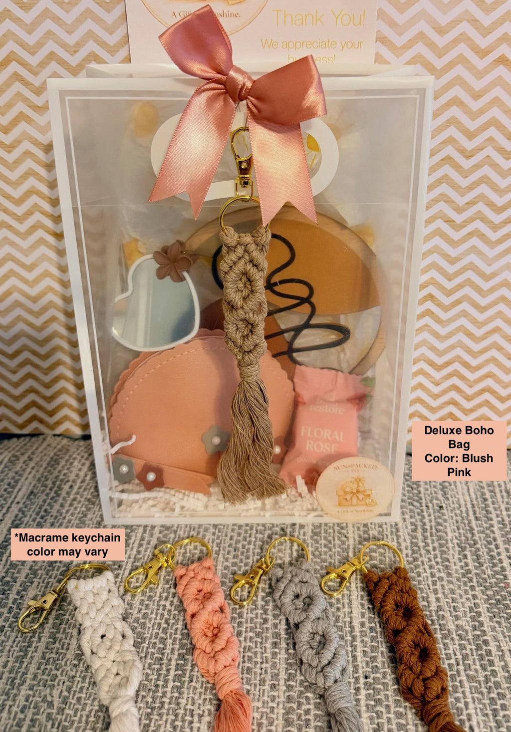 Boho Gift Bag with Macrame Keychain | Neutral Sage Green Style, Birthday Gift