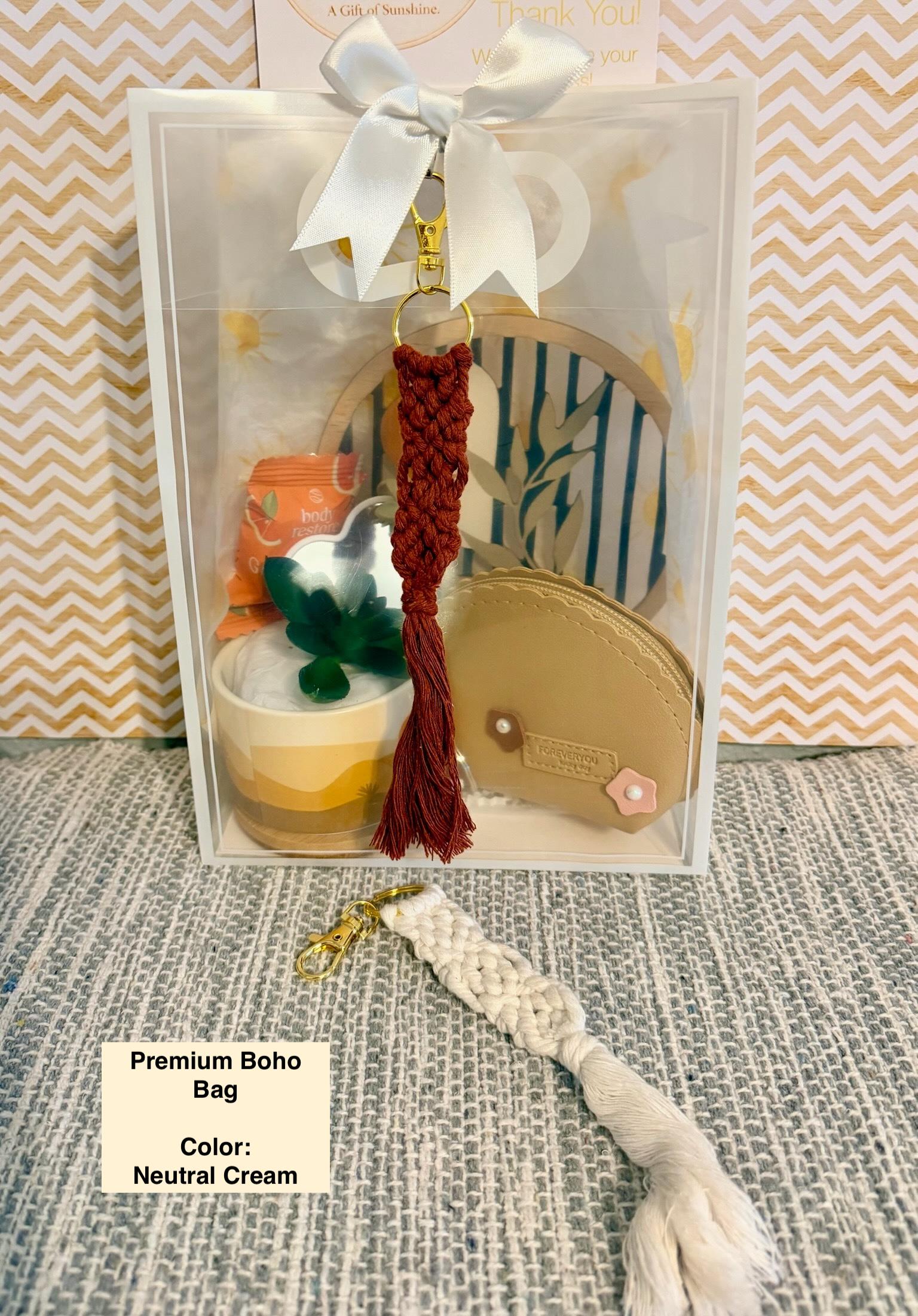 Boho Gift Bag with Macrame Keychain | Neutral Sage Green Style, Birthday Gift