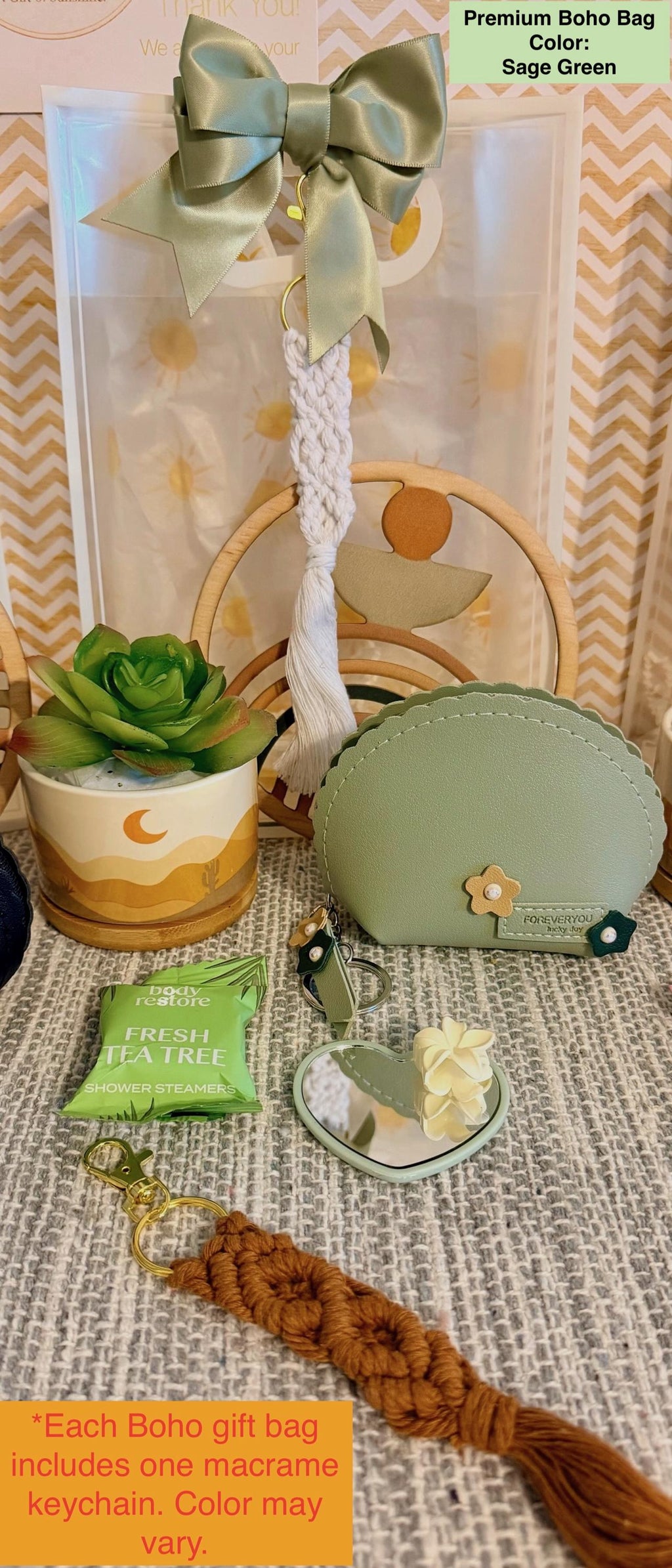 Boho Gift Bag with Macrame Keychain | Neutral Sage Green Style, Birthday Gift