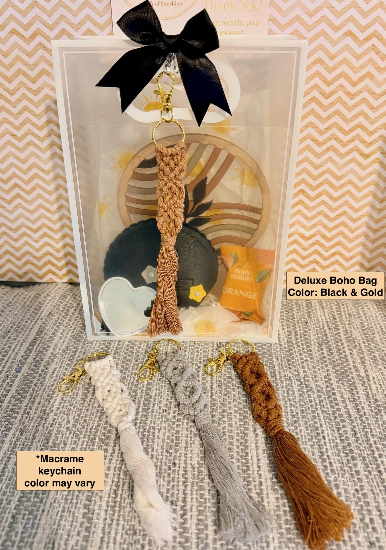 Boho Gift Bag with Macrame Keychain | Neutral Sage Green Style, Birthday Gift