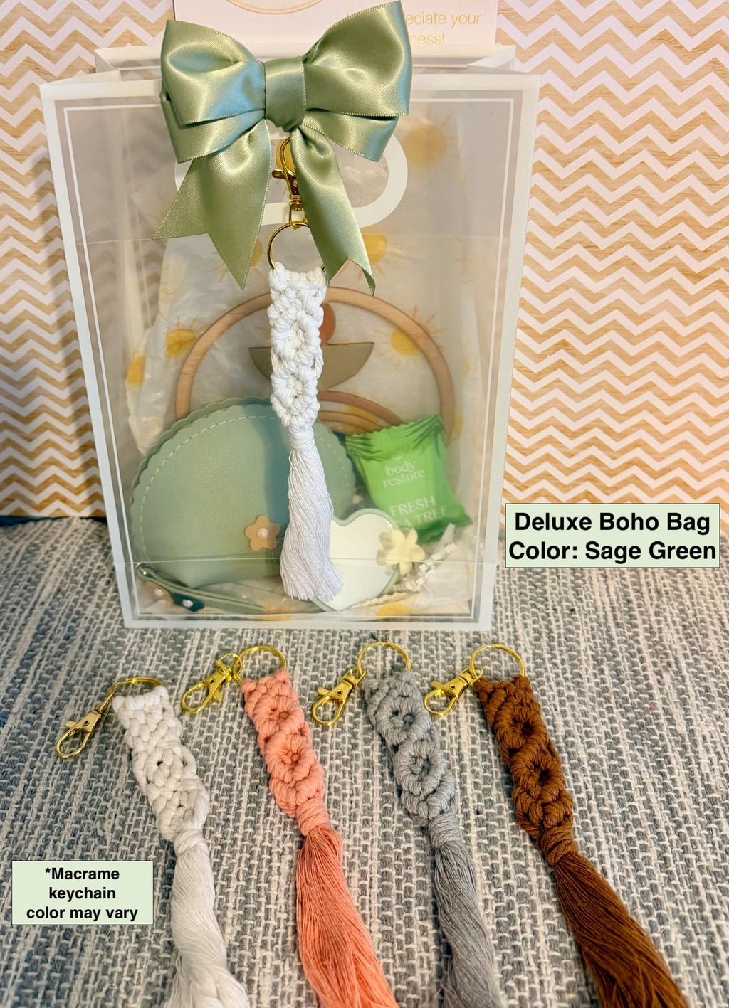 Boho Gift Bag with Macrame Keychain | Neutral Sage Green Style, Birthday Gift