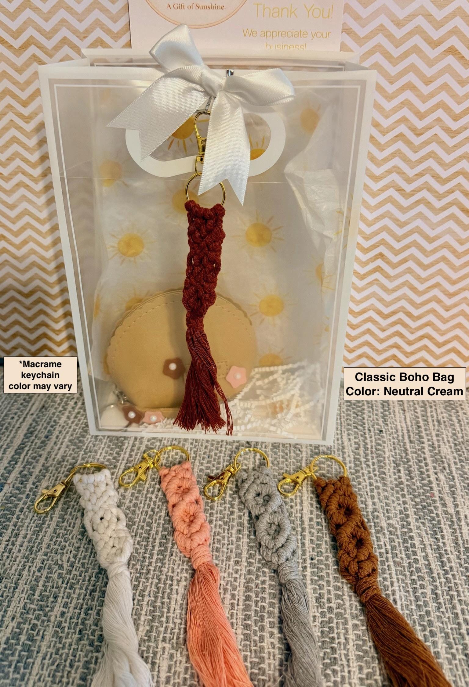 Boho Gift Bag with Macrame Keychain | Neutral Sage Green Style, Birthday Gift