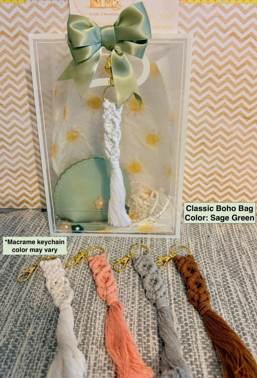 Boho Gift Bag with Macrame Keychain | Neutral Sage Green Style, Birthday Gift