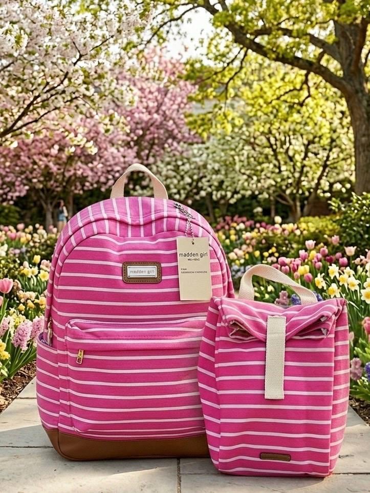 Madden Girl Brand Pink Striped Backpack + Matching Lunch Bag Set | Only 4 Left!