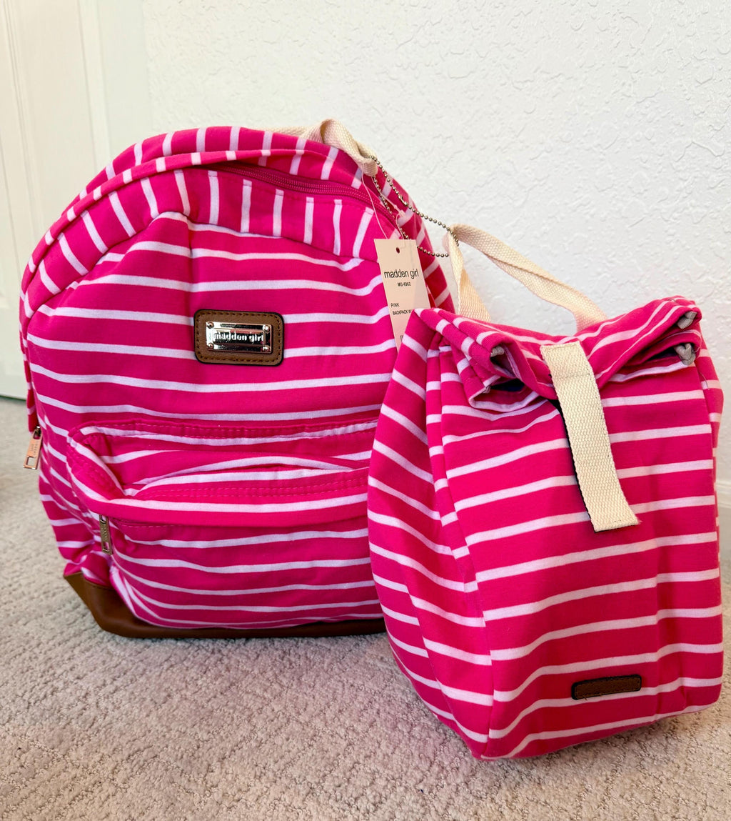 Madden Girl Brand Pink Striped Backpack + Matching Lunch Bag Set | Only 4 Left!