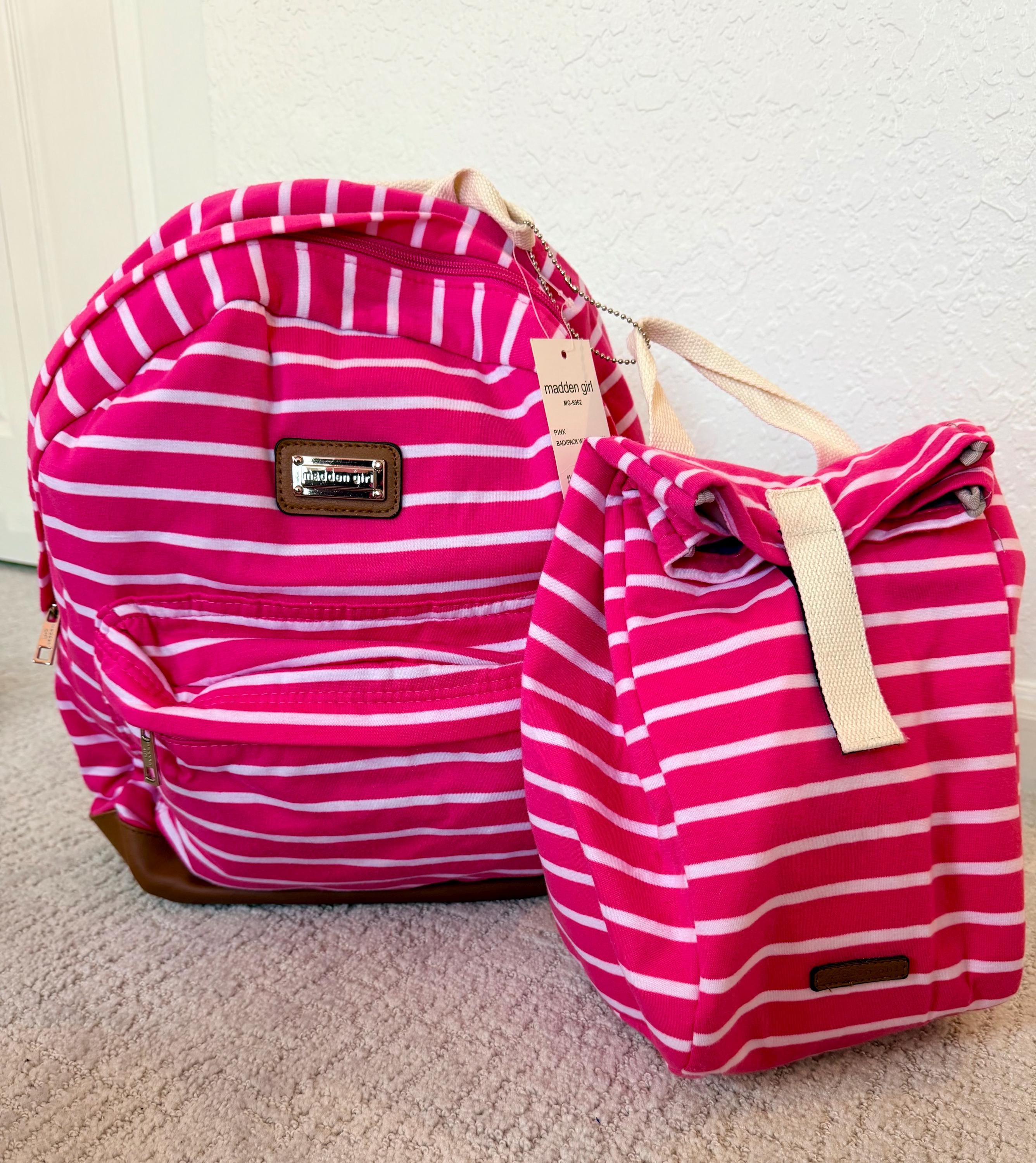 Madden Girl Brand Pink Striped Backpack + Matching Lunch Bag Set | Only 4 Left!