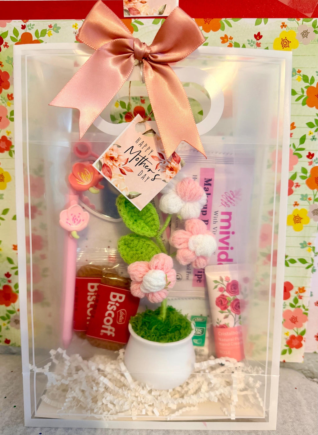 Crochet Flower Mother's Day Gift Bag | Pink Floral Self-Care Spa Tote